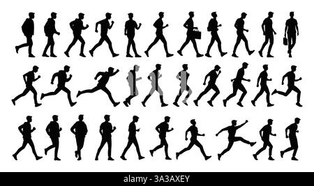 Un ensemble silhouettes de garçons marchant, faisant du jogging et courant dans diverses poses, capturant le mouvement et les différentes étapes du mouvement dans des vêtements décontractés et transportant des objets de tous les jours. Illustration de Vecteur