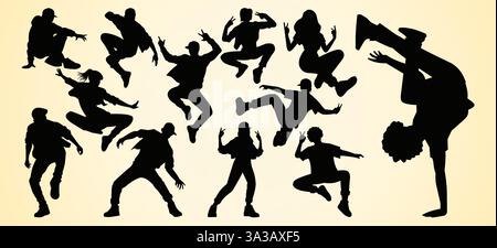 Silhouettes de danseurs dans des poses dynamiques, mettant en valeur des mouvements énergiques et breakdancing, représentant la danse de rue et la culture hip-hop. Illustration de Vecteur