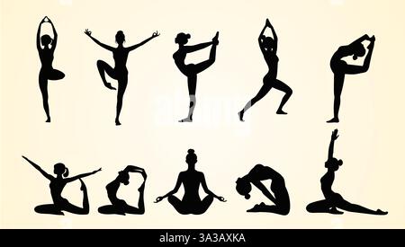 Silhouettes de femmes effectuant diverses poses de yoga, démontrant flexibilité, équilibre et pleine conscience. Les figures sont représentées dans différentes postures comme debout, assis et étiré. Illustration de Vecteur