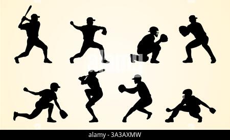 Une collection de silhouettes noires représentant divers joueurs de baseball en action, montrant des positions comme frapper, lancer, attraper et jouer sur un fond clair. Illustration de Vecteur