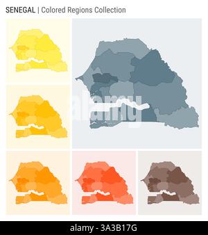 Collection de cartes du Sénégal. Forme de pays avec régions colorées. Bleu gris, jaune, ambre, orange, orange profond, palettes de couleurs marron. Illustration de Vecteur
