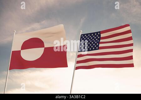 Relations entre les pays des États-Unis d'Amérique USA et Groenland représentés par le concept de deux drapeaux agitant contre un ciel nuageux. Banque D'Images