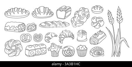 Pain et pâtisserie produits de boulangerie doodle ensemble de dessins animés. Contour pain pain roulé, muffin, baguette française et croissant, pain de seigle de blé. Menu boulangerie contour linéaire de collection de pâtisserie illustration vectorielle Illustration de Vecteur