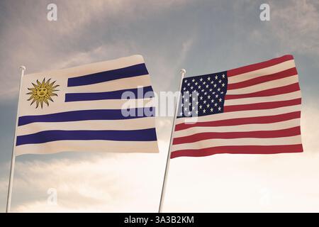 Relations entre les pays des États-Unis d'Amérique USA et Uruguay représentés par le concept de deux drapeaux agitant contre un ciel nuageux.3d Banque D'Images
