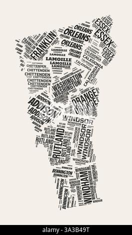 Vermont Word Cloud. État avec division des comtés. Vermont texte typographique nuages de conception d'image vectorielle. Image de forme d'état de style gazette vintage. Illustration de Vecteur