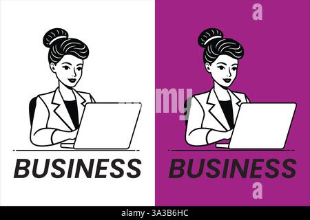 Illustration d'une femme d'affaires confiante et prospère se concentrant sur son ordinateur portable, représentant le travail numérique, le travail à distance et la vie d'entreprise moderne Illustration de Vecteur