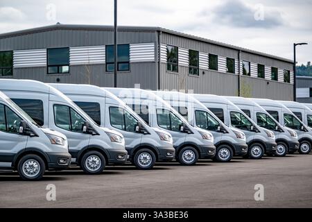 Mini fourgonnettes de chargement compactes grises populaires de qualité industrielle pour une utilisation pour les petites entreprises et les livraisons locales debout dans la rangée sur le parking d'entrepôt en attente Banque D'Images