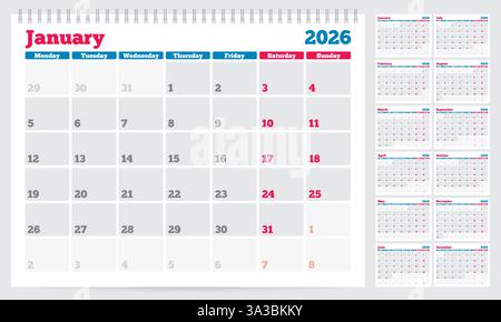 Calendrier 2026 modèle de planificateur. La semaine commence le lundi. Ensemble de 12 mois. Illustration vectorielle Illustration de Vecteur