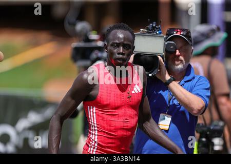Brisbane, Australie. 15 mars 2025. Goutte la goutte (17) remporte le championnat du Queensland des moins de 20 ans au 100m. Gout a couru un 10,38 pour gagner sa chaleur avant de remporter la finale en 10.39. Crédit : SOPA images Limited/Alamy Live News Banque D'Images
