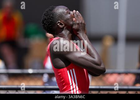 Brisbane, Australie. 15 mars 2025. Goutte goutte (17) vu après sa victoire à la chaleur des Championnats du Queensland des moins de 20 ans au 100m. Gout a couru un 10,38 pour gagner sa chaleur avant de remporter la finale en 10.39. (Photo de Richard Haines/SOPA images/SIPA USA) crédit : SIPA USA/Alamy Live News Banque D'Images