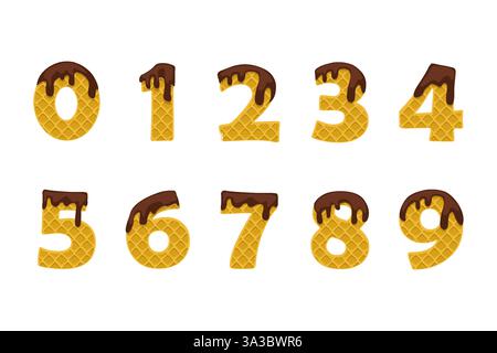 Numéros de gaufrettes avec crème au chocolat. Chiffres, chiffres 0-9. Numéros gâteau toppers, cartes éducatives, autocollants, impression typographique pour votre conception. Illustration de Vecteur