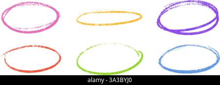 Le crayon met en valeur les cadres ovales colorés. Cercles crayeux pastel avec des bordures granuleuses sur fond blanc. Illustration de Vecteur