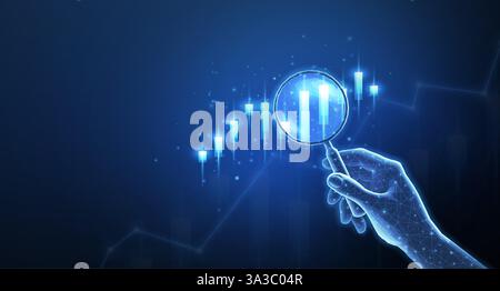 Main avec loupe et graphique boursier Illustration de Vecteur