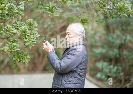 Un parc sur une agréable journée de printemps avec beaucoup de verdure au Japon. Un Japonais à la fin des années 70 est debout dans un costume et une veste en duvet. Il est ta Banque D'Images