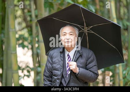 Une forêt de bambous un jour de pluie au Japon, avec beaucoup de verdure au printemps. Un Japonais à la fin des années 70 est debout dans un costume et une veste en duvet. Lui Banque D'Images