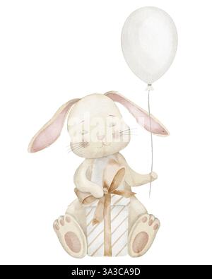 Illustration aquarelle de lapin assis avec une boîte cadeau et tenant un ballon pastel. Dessin de lapin mignon pour cartes de voeux d'anniversaire ou invitations de douche de bébé. Art pour la conception de pépinière. Banque D'Images