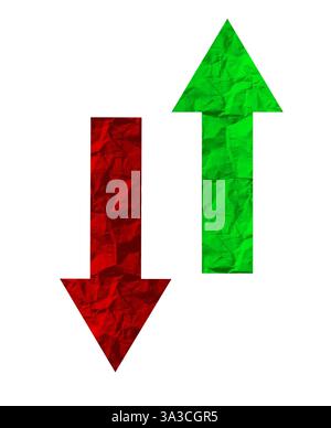 Symboles fléchés pointant vers le haut et vers le bas, représentant les tendances du marché et la croissance financière. Rouge pour le déclin, vert pour l'augmentation, indiquant le profit et le prix Banque D'Images