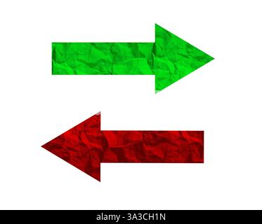 Flèches pointant vers la droite et la gauche, indiquant les choix et les directions. Des signes rouges et verts représentant des chemins et des décisions opposés. Isolé sur w Banque D'Images