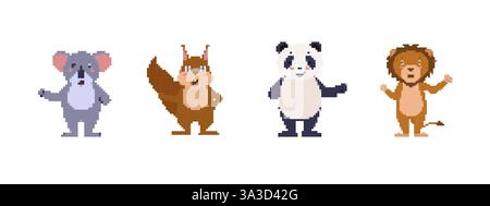 Animaux Pixel art représentant le panda et le lion de l'écureuil koala dans un style minimaliste Illustration de Vecteur