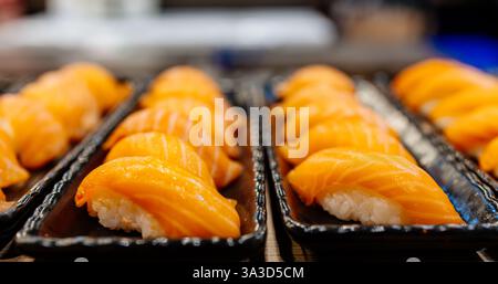 Cuisine japonaise. Une plaque d'audience de sushis disposés sur une assiette. Concepcion de plats traditionnels japonais et divers menus. Banque D'Images
