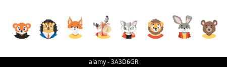 Collection de huit animaux d'art pixel dans des couleurs vives et des tenues avec différentes expressions Illustration de Vecteur