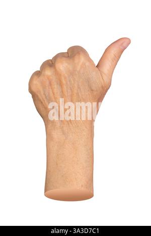 Main âgée faisant un geste du pouce vers le haut, symbolisant l'approbation, le succès et l'encouragement. Peau ridée avec veines visibles et texture détaillée. Clos Banque D'Images