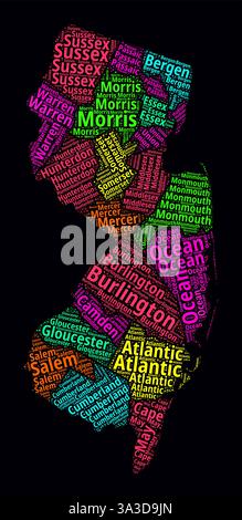 Nuages de mots des régions du New Jersey. Design de style typographique lumineux sur fond sombre. La région du New Jersey nomme des nuages de balises. Forme de limite. Illustration de Vecteur