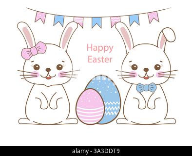 Lapins de pâques mignons avec des noeuds papillon et des œufs entourés d'une banderole festive Illustration de Vecteur