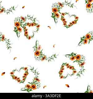Motif floral sans couture. Fleurs jaunes et rouges encadrées par des brindilles vertes et des feuilles. Illustration aquarelle. Illustration botanique. Les fleurs sont highlig Banque D'Images