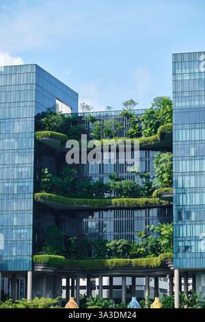 Singapour - 12 août 2024 : vue sur Parkroyal Collection Pickering, un hôtel de luxe avec une vaste verdure conçu par WOHA Banque D'Images