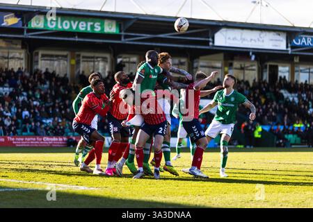 Yeovil, Somerset, Royaume-Uni. 15 mars 2025. Frank Nouble de Yeovil Town essayant de mettre la tête au ballon dans un mela à quelques minutes de la fin essayant de sauver un point pendant le match de la Ligue nationale au stade Huish Park, Yeovil photo de Martin Edwards/Alamy Live News 07880 707878 crédit : Martin Edwards/Alamy Live News Banque D'Images