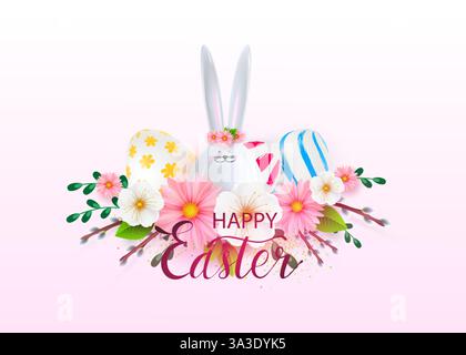 Affiche de Pâques avec lapin en céramique, fleurs, œufs de Pâques colorés décorés avec motif. Salutations et cadeaux de Pâques. Promotion de Pâques et temp. Shopping Illustration de Vecteur