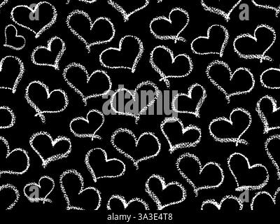 Motif coeurs sans couture. Symboles d'amour de trait de crayon blanc dans le style doodle. Ornement d'éléments de coeurs d'enfant dessinés à la main. Graffiti signes monochromes dessinés Illustration de Vecteur