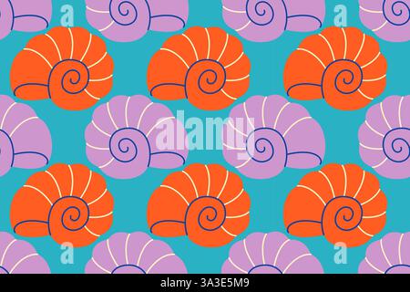Modèle sans couture avec coquillages de mer orange et iliaque dessinés à la main style plat tendance. Coquillages de plage tropicaux. Motif été sans couture. Illustration vectorielle Illustration de Vecteur