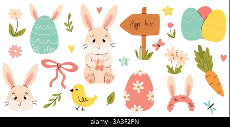 Esther Bunnie avec réseau d'oeufs peints.vector Network d'éléments Esther, oeufs, lapins, fleurs, papillons, fleurs, herbe verte. Illustration de Vecteur