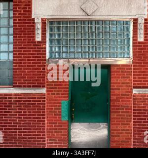 Porte en métal vert placée dans un bâtiment en briques rouges, encadrée par des blocs de verre industriels et des détails architecturaux décoratifs. Banque D'Images