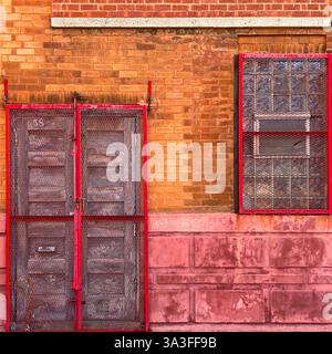 Une double porte rustique en bois avec maille de sécurité en métal rouge, placée contre un mur de briques altérées avec une fenêtre assortie. Banque D'Images