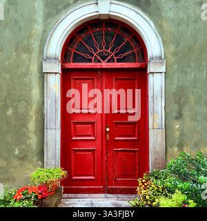 Une charmante porte en bois rouge avec une fenêtre sur tableau arrière ornée, située dans un mur vert altéré et entourée de plantes dans la vieille ville de Varsovie, en Pologne Banque D'Images