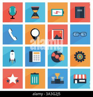 Icônes plates de médias et de bureau avec ombre longue, site Web SEO, applications Web et mobiles Illustration de Vecteur