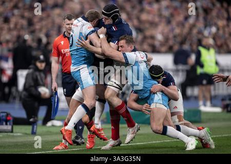 Saint Denis, France. 15 mars 2025. Joueurs français lors du match international de rugby à xv des six Nations entre la France et l'Écosse au stade de France à Saint-Denis, en banlieue parisienne, le 15 mars 2025. Photo par Eliot Blondet/ABACAPRESS. COM Credit : Abaca Press/Alamy Live News Banque D'Images