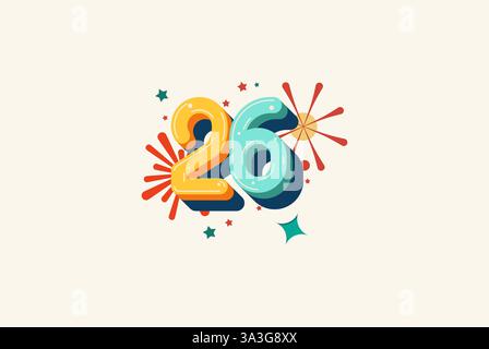 Logo Number coloré 26e, 26e joyeux anniversaire ou anniversaire avec concept de feux d'artifice. Bonheur et concept de conception drôle. Illustration de Vecteur