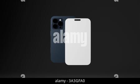 Modèle 3D de téléphone tactile mobile arrière et avant avec écran noir sur fond noir, maquette de téléphone Banque D'Images