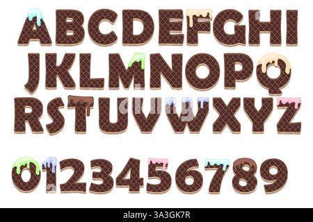 Alphabet, lettres, chiffres et signes faits chocolat à partir de gaufres avec crème. Ensemble d'objets vectoriels isolés. Cartes éducatives, autocollants, typographie Illustration de Vecteur