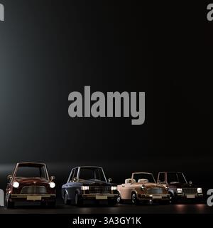 Voitures jouets isolées. fond noir illustration 3d. Banque D'Images