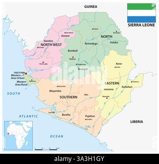 Carte administrative de l'État ouest-africain de Sierra Leone Banque D'Images