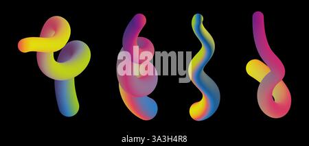 Formes de néon tourbillonnantes abstraites définies sur noir, spirales fluides arc-en-ciel linéaires, illustration vectorielle Illustration de Vecteur