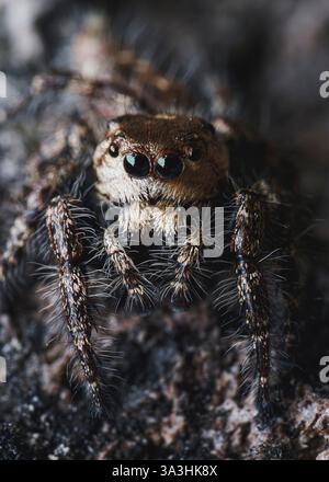 Gros plan extrême d'une araignée sauteuse au corps lourd mâle (Hyllus semicupreus) Banque D'Images