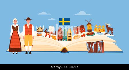 Un livre ouvert illustrant les symboles culturels suédois, les vêtements traditionnels, les monuments emblématiques et la cuisine nationale. Célèbre la richesse du patrimoine suédois, illustration vectorielle. Illustration de Vecteur