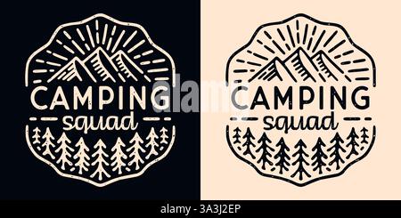 Camping Squad Crew Group Camper badge emblème Mountain Lover rétro vintage illustration esthétique pour la conception de chemise de logo de voyage d'amis de la famille assortie. Illustration de Vecteur