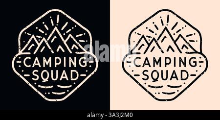 Camping Squad Crew groupe camping-car badge emblème patch logo chemise design montagnes amoureux rétro vintage esthétique assortie aventure famille amis voyage. Illustration de Vecteur